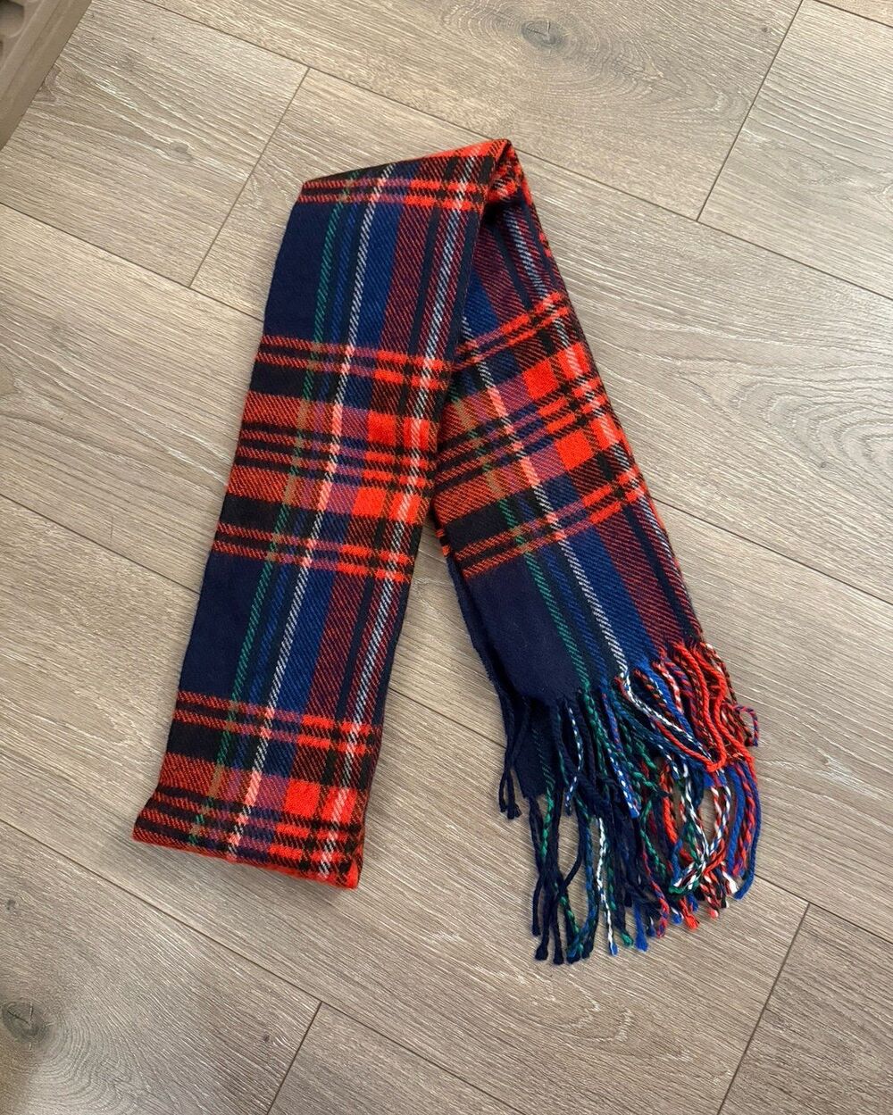Topman Plaid Fringe Scarf Navy Blue Orange Tartan Soft Knit Winter Scarf
